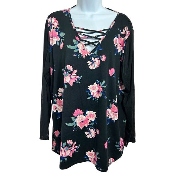 Eye Candy Black Floral Blouse Size 2X 3/4 Sheer Sleeve Top V-Neck - Picture 2 of 5